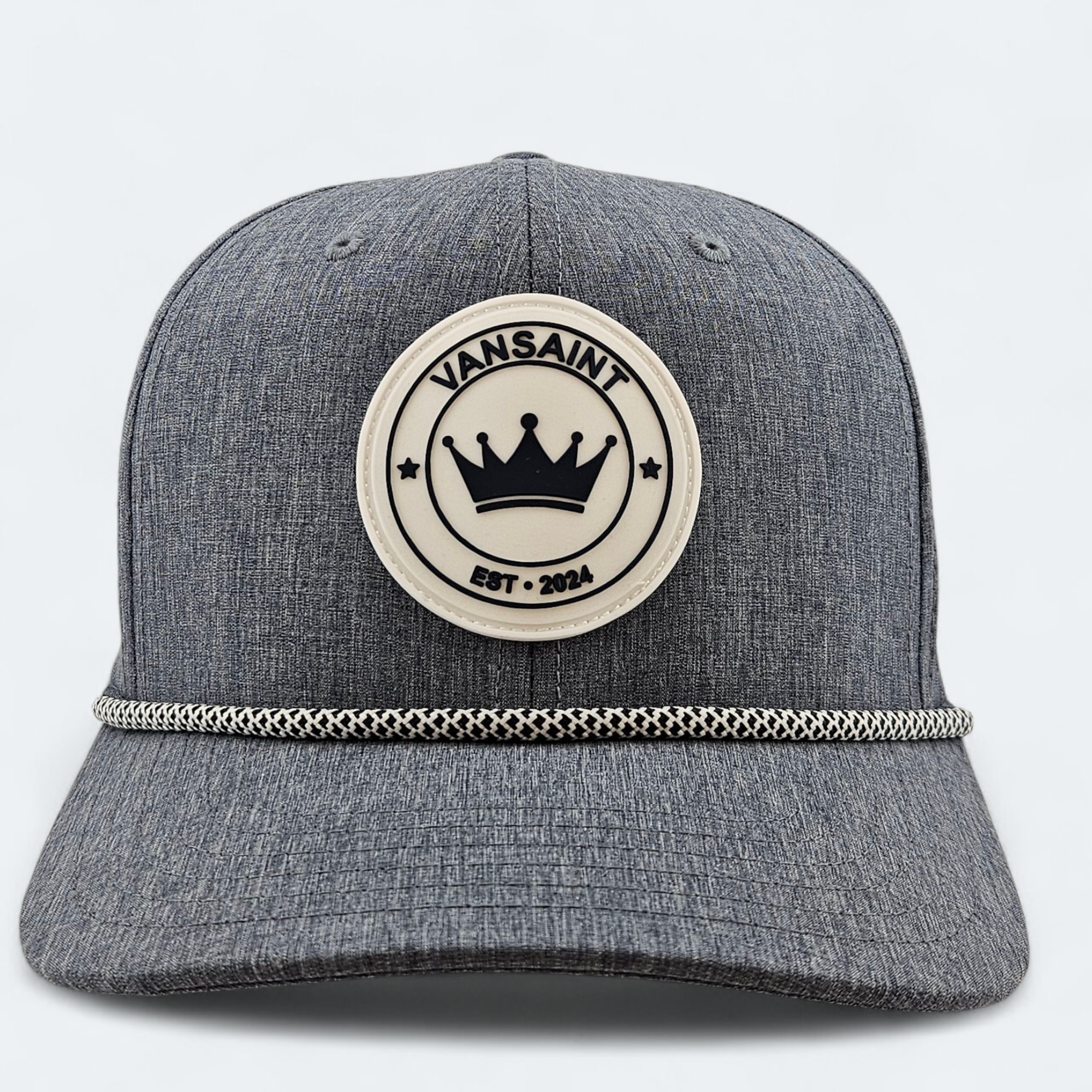 Heather gray cap with "VANSAINT" rubber patch and log with patterned rope