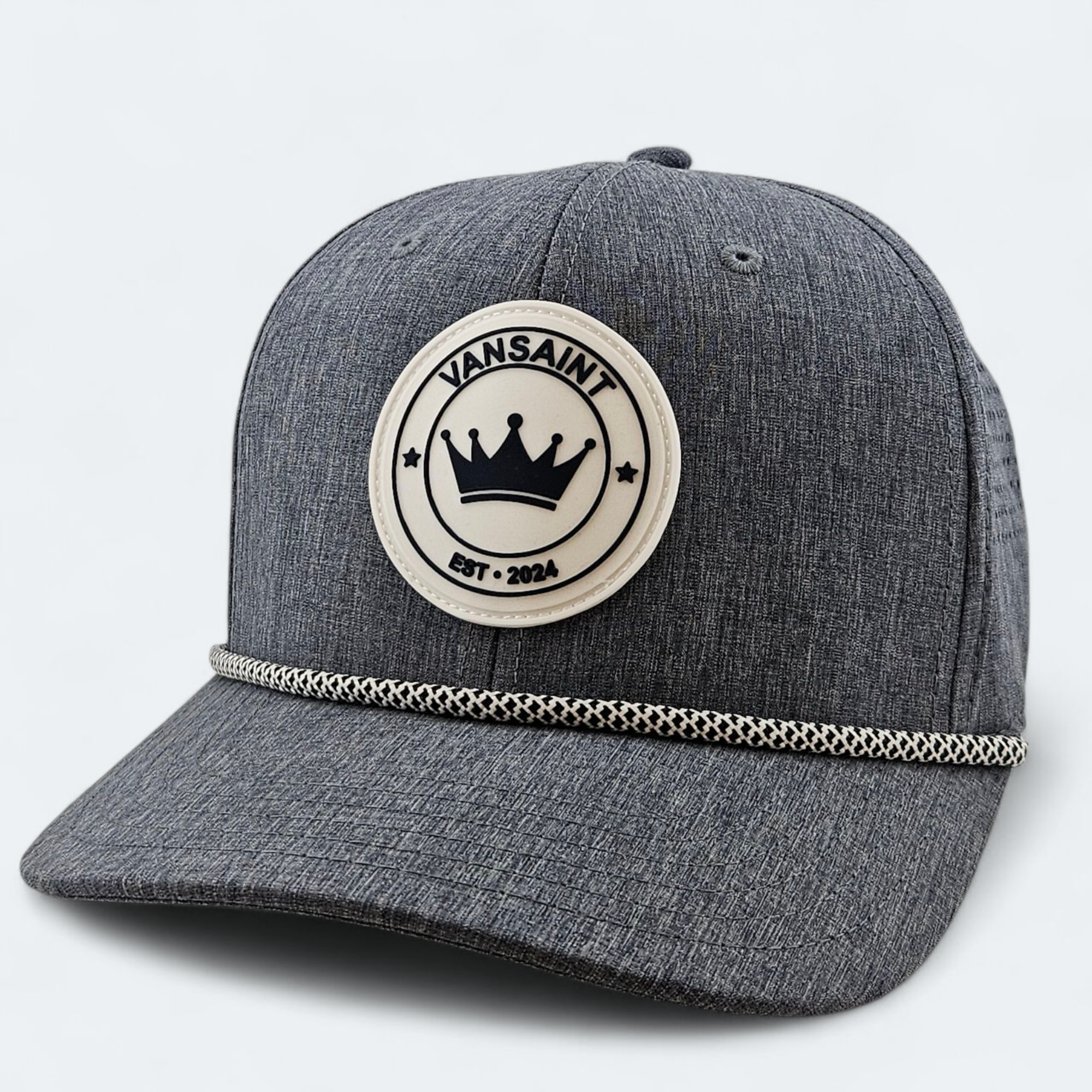 Gray cap with a 'Vansaint' rubber patch logo on a white background