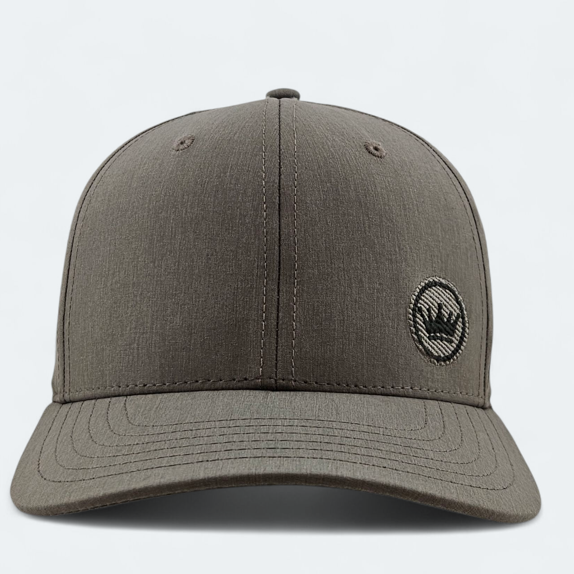 Gray baseball cap with a logo on a light gray background